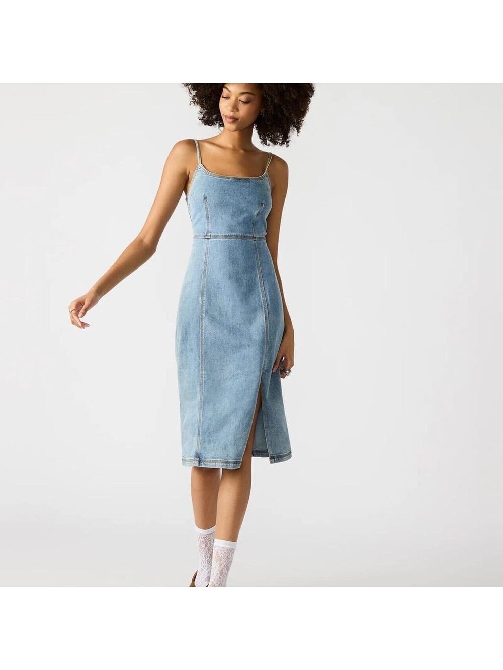 Steve Madden Denim Bodycon Midi Dress Front Slit Size 8 Y2K Streetwear Sundress